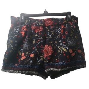 Ann Taylor LOFT Floral‎ Print Shorts Fringed Hem Boho Casual Black S